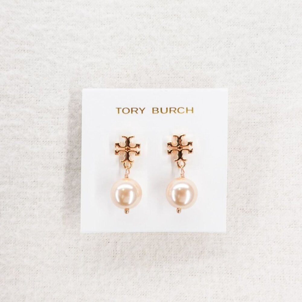 Tory Burch Faux Pearl Logo Drop Earrings Rose Gold OS